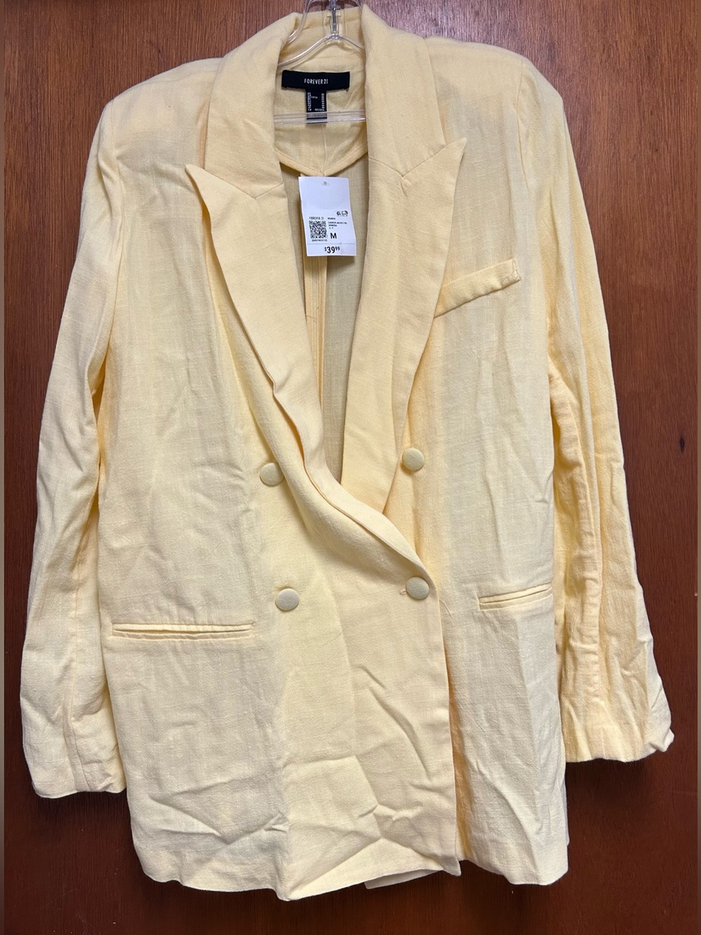 Forever 21 Pale Yellow Double-Breasted Linen Blazer Medium